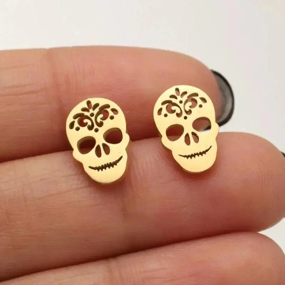 Halloween Stainless Steel Studs Lady Skull Jewelry Gold Tone - Picture 2 of 2
